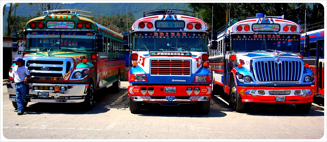Chicken buses lined up in Antigua Guatemala