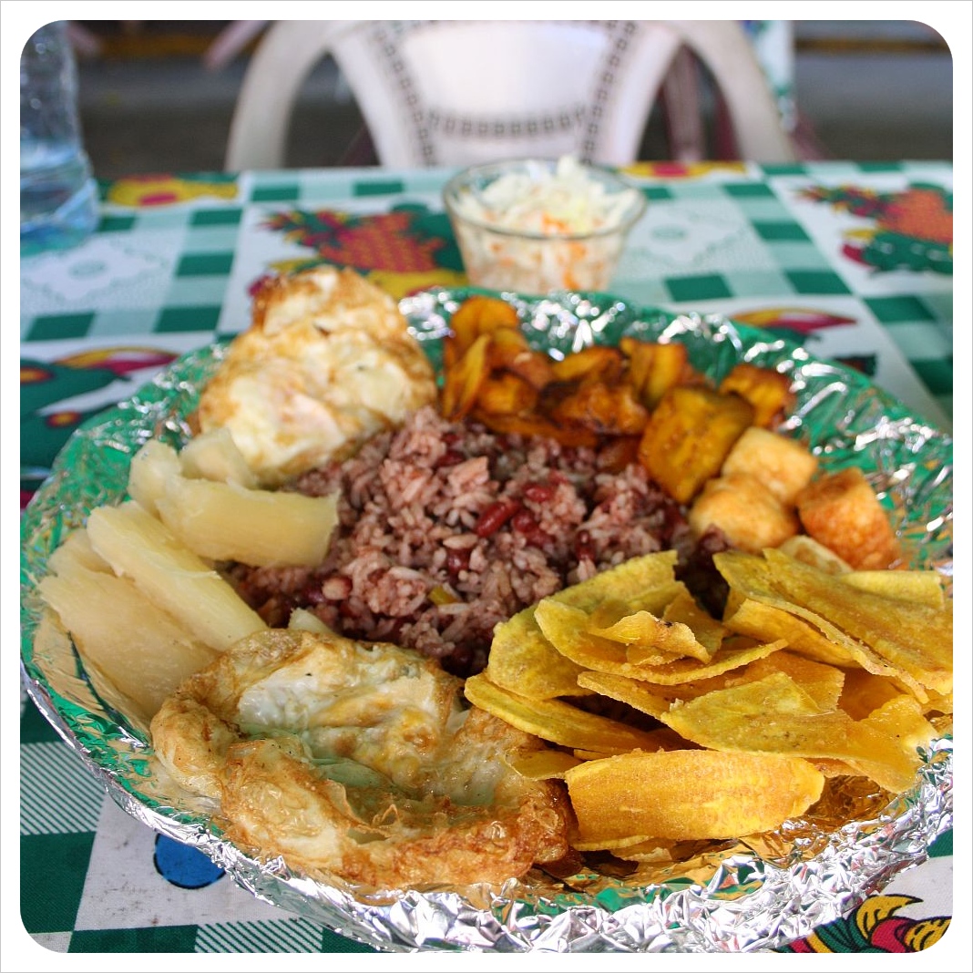 Lunch in Nicaragua: plantains, rice, beans, cheese, yucca and eggs