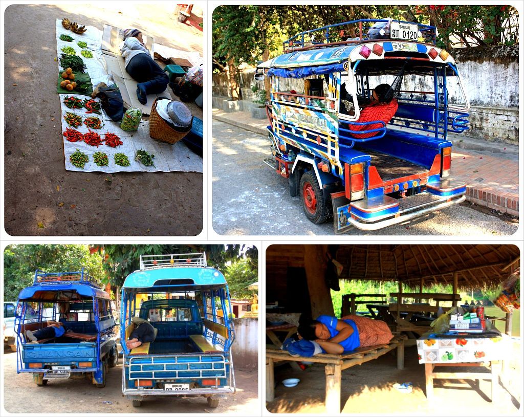 laos sleeping market vendors and tuktuk drivers