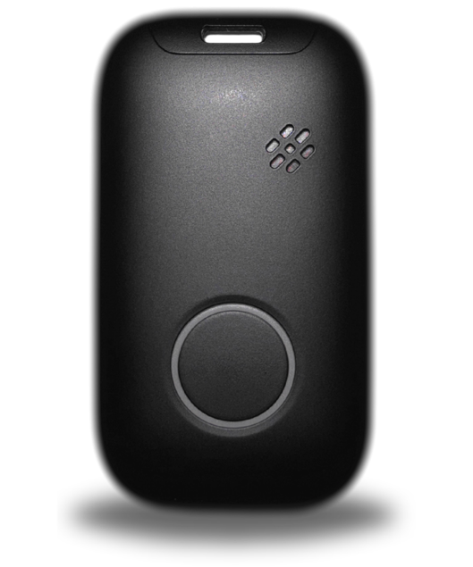 A black mobile alert unit shot against plain white, with one round SOS button above a speaker grille and no branding on the case